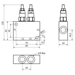 Dvigubas 3/8" priešsvyris vožtuvas FPOE15D38L35