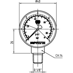 Vizualinis manometras 1/8 BSP, 1,4 baro MPF/MPX/MPT/MPH MP9V1P01