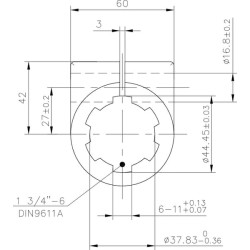 PTO reduktorius, išorinis sriegis 1 3/8 colio (6), vidinis sriegis 1 3/4 colio (6) su spaustuko varžtu 6710006KR