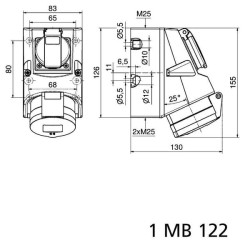 CEE sieninis lizdas 16A 5P 400V IP44 126x83 B001010