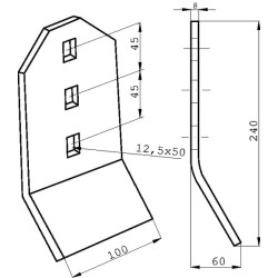 Kultivatoriaus kaltelis 240x100x8mm, grūdintas, plokščias, 3 skylių, tinka Väderstad 419999KR