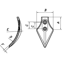 Kultivatoriaus kaltelis 235x120x9mm, grūdintas, lenktas, 2 skylių, tinka Peecon CP001000