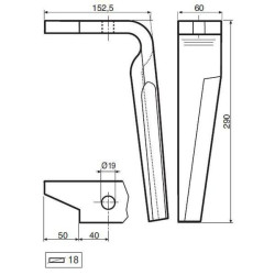Akėčio dantis kairysis, 290 mm ilgio, tinka Amazone, Kramp KE0115