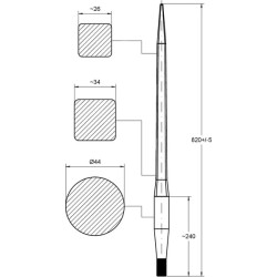Krautuvo dantis, tiesus, kvadratinis, 44x820 mm, smailus galas su M30x2 mm veržle, raudonas, SHW FT35