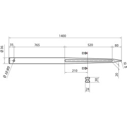 Krautuvo dantis, tiesus, dvigubas T formos profilis 36x1400mm, smailus galas su Ø12,9 ritininiu kaiščiu, juodas, Battista Porter