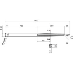 Krautuvo dantis, tiesus, dvigubas T formos profilis 42x1400mm, smailus galas su M42 Ø12.9 ritininiu kaiščiu, juodas, Battista Po