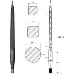 Krautuvo dantis, tiesus, kvadratinis, 44x820 mm, smailus galas su M28x1,5 mm veržle, raudonas, SHW FT25