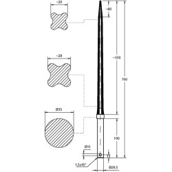 Krautuvo dantis, tiesus, žvaigždės formos, 35x760 mm, smailus galas su Ø11 ritininiu kaiščiu, raudonas, SHW FT53