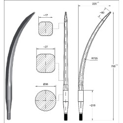 Krautuvo dantis, lenktas, kvadratinis, 36x800mm, smailus galas su M22x1.5mm veržle, raudonas, SHW FT43