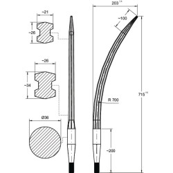 Krautuvo dantis, lenktas, dvigubas T formos profilis 36x760mm, smailus galas su M22x1,5mm veržle, raudonas, SHW FT1180