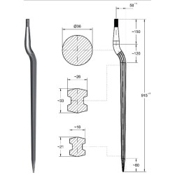 Siloso dantys, alkūniniai: 58 mm dvigubas T formos profilis, 36x915 mm, smailus galas su M22x1,5 mm veržle, raudoni 28601501Z