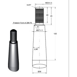 Siloso dantys, alkūniniai: 58 mm dvigubas T formos profilis, 36x915 mm, smailus galas su M22x1,5 mm veržle, raudoni 28601501Z