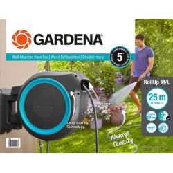 Prie sienos tvirtinama žarnos dėžė RollUp M/L, 25 m 1/2" su purkštuvu GA18620