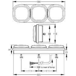 Galinis žibintas stačiakampis, 12/24V, raudonas/oranžinis/baltas, tvirtinamas varžtais, 334x112x57 mm, Britax L1300LB