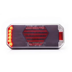 Daugiafunkcinis galinis žibintas LED, kairysis, su šoniniu valstybiniu numeriu, raudona/oranžinė/balta, 12-24V, 236x104x40.5mm L