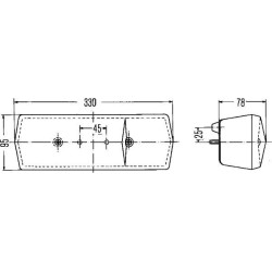 Galinis dešinės pusės žibintas stačiakampis, 12/24V, gintarinis/raudonas, užsukamas, 330x78x95mm, Hella 2SD001688141