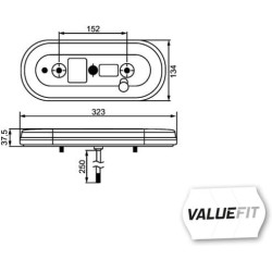 Galinis LH LED žibintas, stačiakampis, 10/30V, raudonas/gintaras/skaidrus, užsukamas, 323x38x134mm, Hella ValueFit 2VP357017011