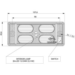 Vidaus šviesos diodas, 3,50 W, 170 lm, stačiakampis, 12/24 V, baltas, 107,6x24,4x45,6 mm, 4 LED, gopart LA50001