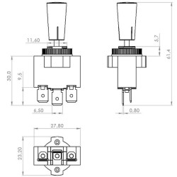 Brūkštelėjimo jungiklis, įjungimas-išjungimas, 12-24VDC, 10A, 125-250VAC, 2A, 3 kontaktai, ašmenų gnybtai, metalinė veržlė, plas