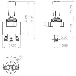 Brūkštelėjimo jungiklis, įjungimas-išjungimas, 12-24VDC, 20A, 125-250VAC, 2A, 3 kontaktai, varžtiniai gnybtai, metalinė veržlė, 