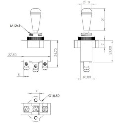 Brūkštelėjimo jungiklis, įjungimas-išjungimas, 12-24VDC, 10A, 125-250VAC, 2A, 3 kontaktai, varžtiniai gnybtai, metalinė veržlė, 