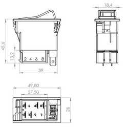 Svirties jungiklis, II+I-0, išjungtas ir įjungtas, 12V, 7 kontaktų, vietos apšvietimas, su lempute SW10031KR