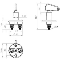 Akumuliatoriaus jungiklis apvalus, juodas, M8, 12/24V, 150A/500A (5sek), IP40 SW10005KR