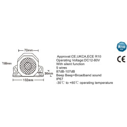 Atsarginis atbulinės eigos signalas kelių triukšmų 12-80V (pypsėjimas + baltas triukšmas) LA80501