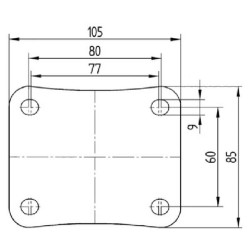 Pasukamas ratukas, guminis ratas: Ø200x50mm, plokštelės tvirtinimas: 137x105mm. Apkrova: 205kg, Tente 3470DVR200P63.