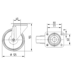 Pasukamas ratukas, guminis ratas: Ø200x50mm, plokštelės tvirtinimas: 137x105mm. Apkrova: 205kg, Tente 3470DVR200P63.