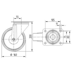 Pasukamas ratukas, guminis ratas: Ø160x40mm, plokštelės tvirtinimas: 137x105mm. Apkrova: 135kg, Tente 3470DVR160P63.