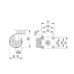 Pasukamas ratukas, guminis ratas: Ø75x25mm, viena varžto skylė, 77x67mm. Apkrova: 100kg, Tente 2970PJP075P50.
