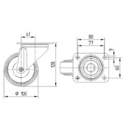 Pasukamas ratukas, guminis ratas: Ø100x30mm, plokštelės tvirtinimas: 105x85mm. Apkrova: 70kg, Tente 3470DVJ100P62.