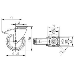 Pasukamas ratukas, guminis ratas: Ø125x32mm, su stabdžiu, plokštelės tvirtinimas: 77x67mm. Apkrova: 100kg, Tente 2477PJP125P50.