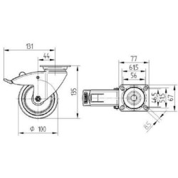 Pasukamas ratukas, guminis ratas: Ø100x32mm, su stabdžiu, plokštelės tvirtinimas: 77x67mm, apkrova: 100kg, Tente 2477PJP100P50