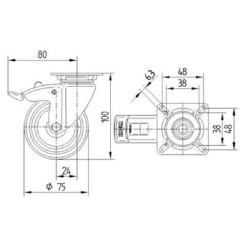 Pasukamas ratukas, guminis ratas: Ø75x25mm, su stabdžiu, plokštelės tvirtinimas: 60x60mm, apkrova: 75kg, Tente 2477PJP075P40
