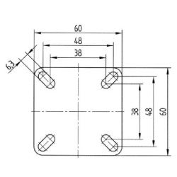 Pasukamas ratukas, guminis ratas: Ø75x25mm, plokštelės tvirtinimas: 60x60mm. Apkrova: 75kg, Tente 2470PJP075P40.