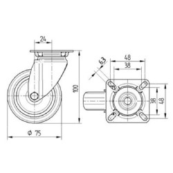 Pasukamas ratukas, guminis ratas: Ø75x25mm, plokštelės tvirtinimas: 60x60mm. Apkrova: 75kg, Tente 2470PJP075P40.