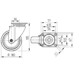 Pasukamas ratukas, guminis ratas: Ø100x32mm, plokštelės tvirtinimas: 77x67mm. Apkrova: 100kg, Tente 2470PJP100P50.