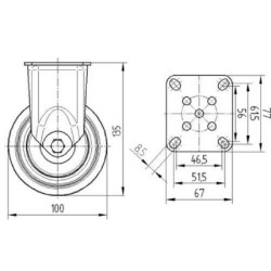 Standus ratukas, guminis ratas: Ø100x32mm, plokštelės tvirtinimas: 77x67mm. Apkrova: 100kg, Tente 2478PJP100P50.