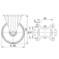 Standus ratukas, guminis ratas: Ø200x50mm, plokštės tvirtinimas: 137x115mm. Apkrova: 205kg, Tente 3478DVR200P63.