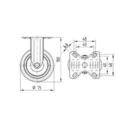 Standus ratukas, guminis ratas: Ø75x25mm, plokštelės tvirtinimas: 67x60mm. Apkrova: 75kg, Tente 2478PJP075P60.