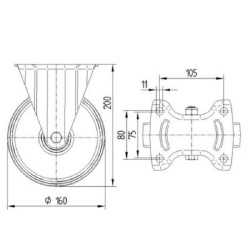 Standūs ratukai, guminiai ratukai: Ø160x46mm, plokštelės tvirtinimas: 137x115mm. Apkrova: 300kg, Tente 3478UFP160P63.