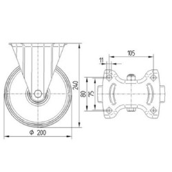 Standūs ratukai, guminiai ratukai: Ø200x46mm, plokštelės tvirtinimas: 137x115mm. Apkrova: 400kg, Tente 3478UFP200P63.
