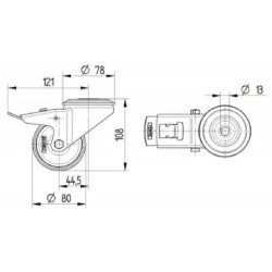 Pasukamas ratukas, guminis ratas: Ø80x35mm, su stabdžiu, tvirtinimas prie plokštelės. Apkrova: 70kg, Tente 3477PIR080P3013