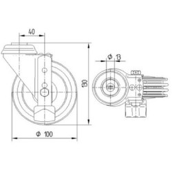 Pasukamas ratukas, guminis ratas: Ø100x35mm, su stabdžiu, plokštelės tvirtinimas. Apkrova: 75kg, Tente 3477PIR100P3013