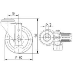 Pasukamas ratukas, guminis ratas: Ø125x37mm, su stabdžiu, tvirtinimas prie plokštelės. Apkrova: 100kg, Tente 3477PIR125P3013