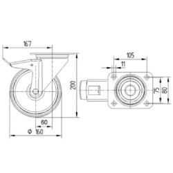 Pasukamas ratukas, guminis ratas: Ø160x40mm, su stabdžiu, plokštelės tvirtinimas: 137x105mm. Apkrova: 135kg, Tente 3477DVR160P63