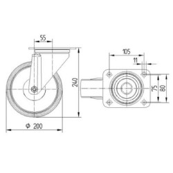 Pasukamas ratukas, guminis ratas: Ø200x50mm, plokštelės tvirtinimas: 137x105mm. Apkrova: 205kg, Tente 3470PIR200P63.