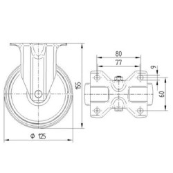Standus ratukas, guminis ratas: Ø125x37mm, plokštelės tvirtinimas: 103x85mm. Apkrova: 100kg, Tente 3478PIR125P62.